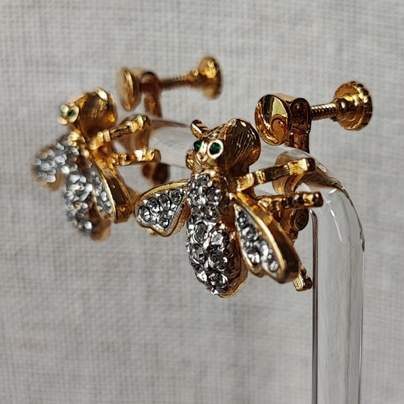 Bee Clear Rhinestone Earrings Comfort Screwbacks Clips Vintage Signed PAT D - Picture 3 of 15